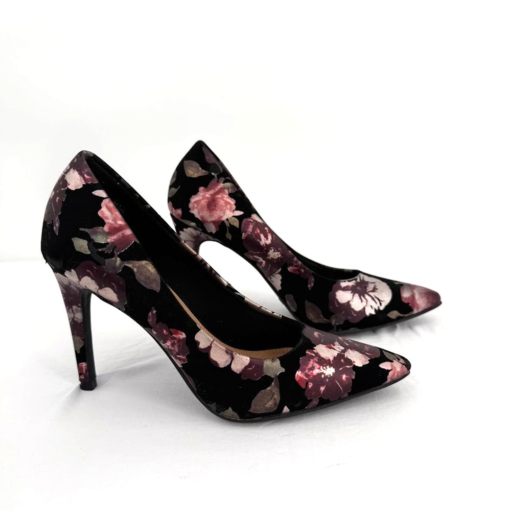 Christian Siriano Floral Pumps Size 7 Pointed Toe Stiletto Heels Black Pink